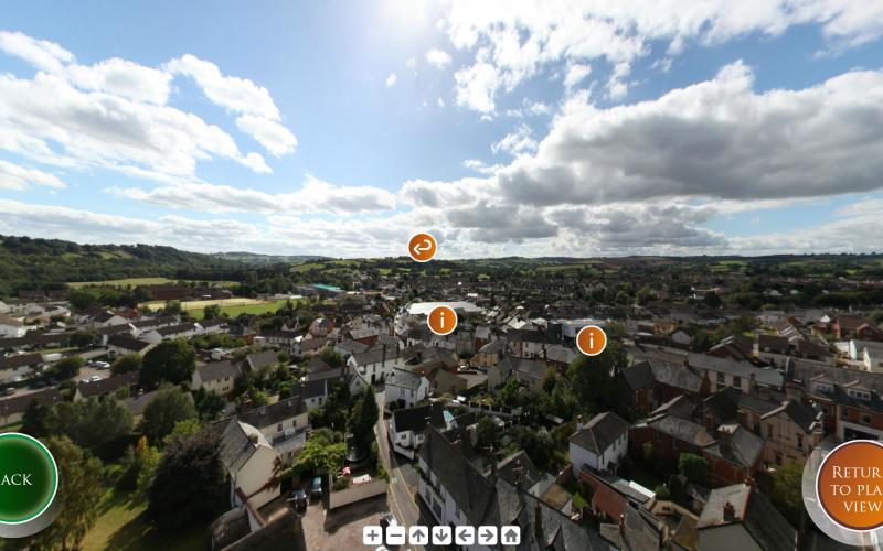 Screenshots from the touchscreen interactive: 360° aerial tour of Cullompton with pop-up detail