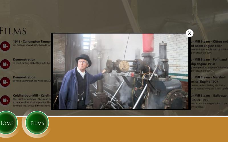 Screenshots from the touchscreen interactive: Video reconstructions of working machinery at Coldharbour Mill