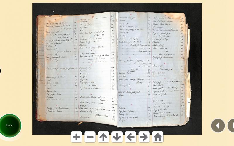 Screenshots from touchscreen interactive: Flipbooks of historical records and recent reports, with enhanced zoom for viewing detail