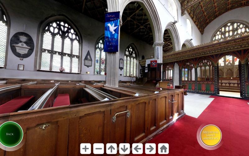 Screenshots from touchscreen interactive: 360° tour of the church allowing users to see in 3D any aspect of the building as it appears now, and how it would have appeared in medieval times